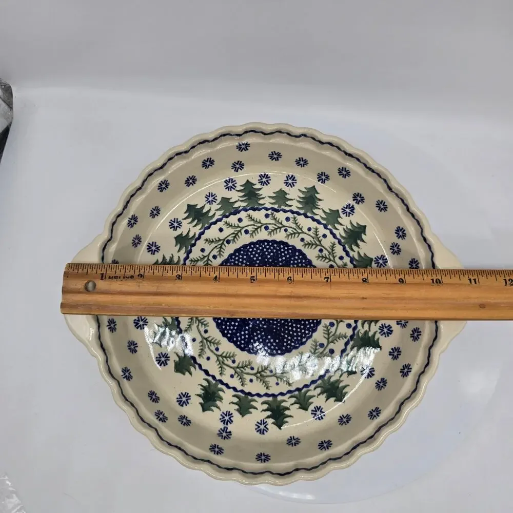Vintage Polish Pottery Pie Plate Dish Handles Evergreen Trees Snowflakes Poland